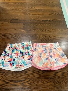 BOTH FOR $25 ZELOS Women’s Active Shorts - Multicolor Geo & Coral Floral Pair